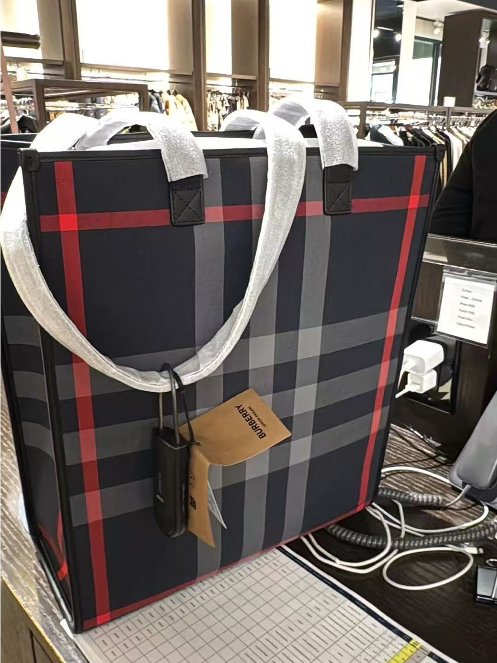 Burberry Navy, Red & Gray Check Vertical Tote